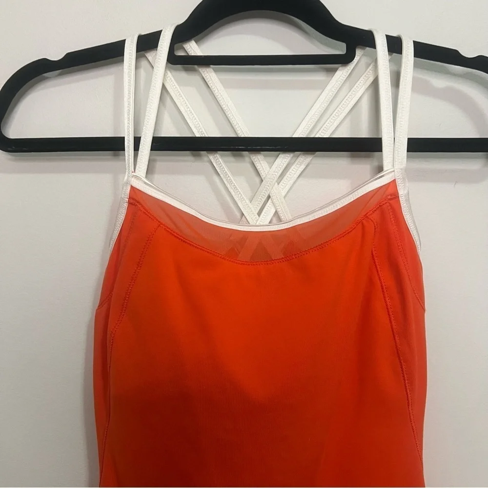 ALO Yoga Orange Workout Tank with White Criss Cross Straps Mesh Workout Athletic